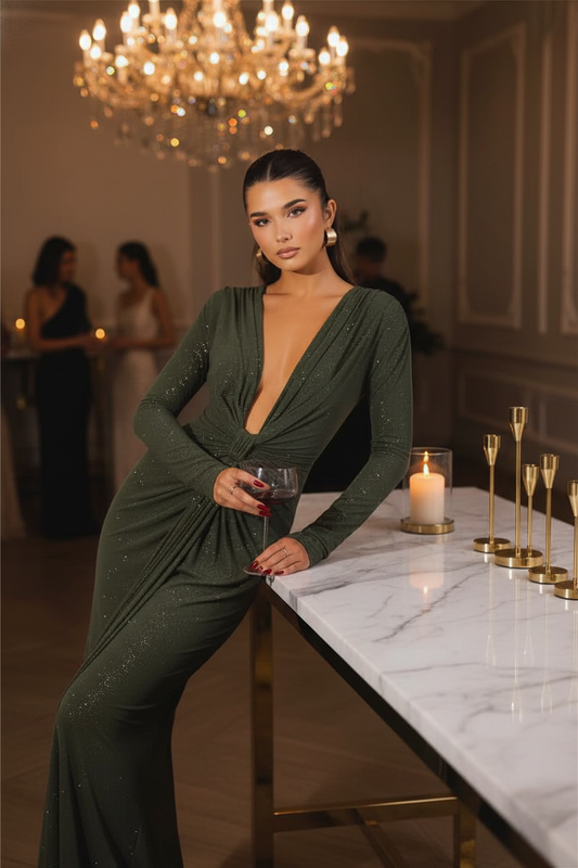 Stella – Elegante Glitterjurk met Diepe V-Hals