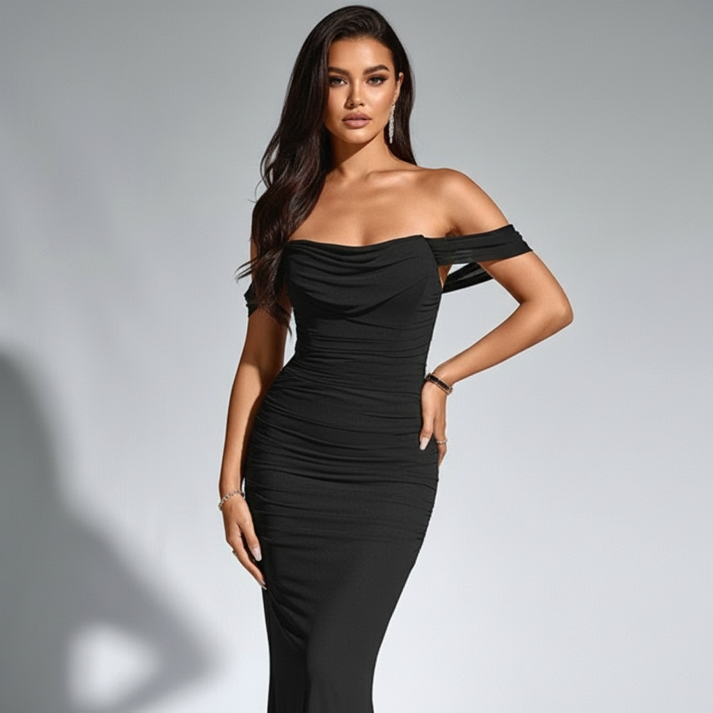 Black Off-Shoulder Dress Hand on Hip Close