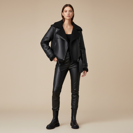 Luxe Teddy Aviator Jas - Zwart Leren Shearling Coat