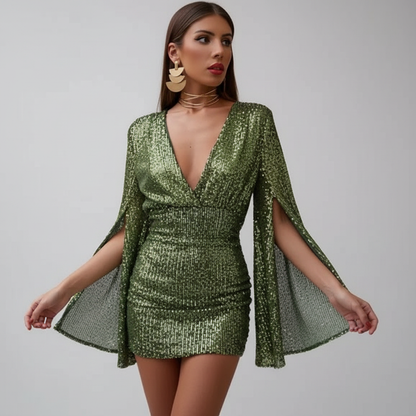 Olive Green Sequin Cape Sleeve Dress 1