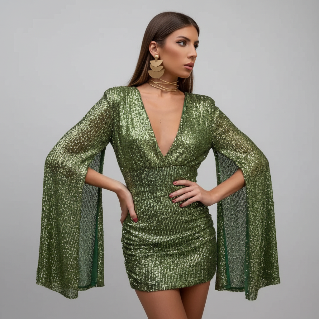 Olive Green Sequin Cape Sleeve Dress 2