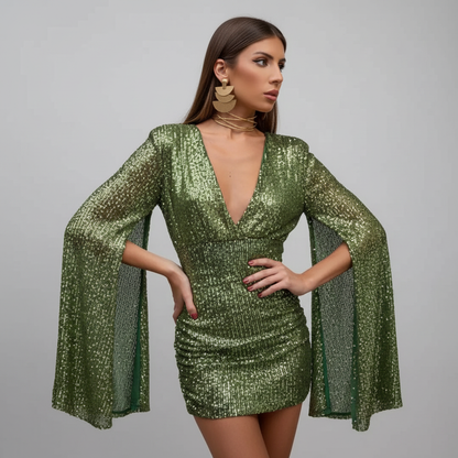 Olive Green Sequin Cape Sleeve Dress 2