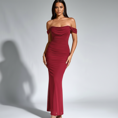 Wine Red Off-Shoulder Maxi Dress Face 1